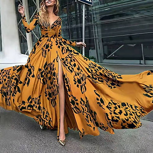 

Women's Swing Dress Maxi long Dress Yellow Long Sleeve Print Print Fall V Neck Elegant Casual 2021 S M L XL XXL 3XL