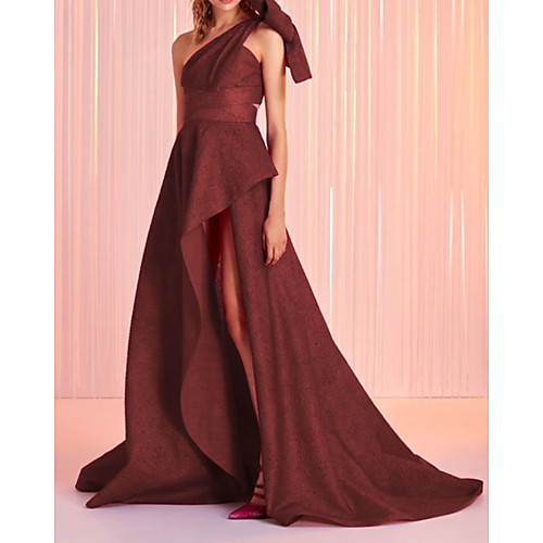 

A-Line Minimalist Sexy Wedding Guest Formal Evening Dress One Shoulder Sleeveless Sweep / Brush Train Satin with Bow(s) Pleats Split 2021