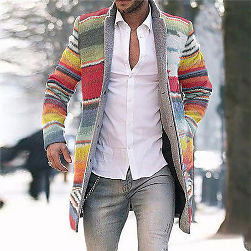 

Men's Single Breasted Overcoat Long Geometric Going out Rainbow S M L XL