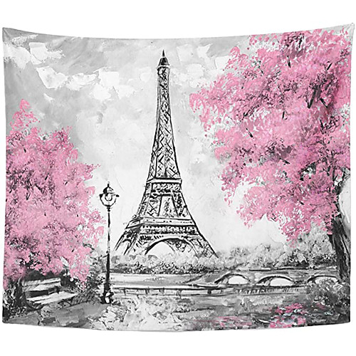 

Valentine's Day Wall Tapestry Art Decor Blanket Curtain Hanging Home Bedroom Living Room Decoration Eiffel Tower Sakura Oil Painting Style