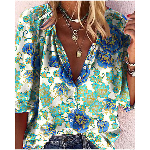 

Women's Blouse Shirt Abstract Floral Flower Long Sleeve Print V Neck Tops Basic Basic Top Blue / Green Red Green