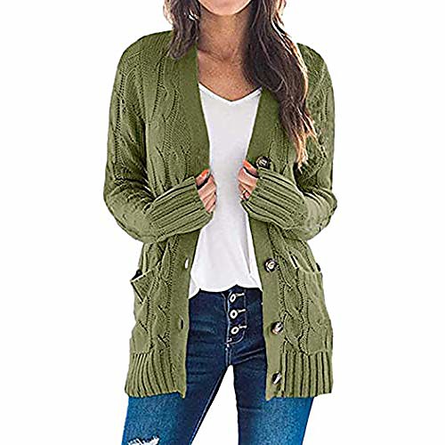 

women's long sleeve open front buttons down cable knit pocket sweater cardigan coat (medium, army green)