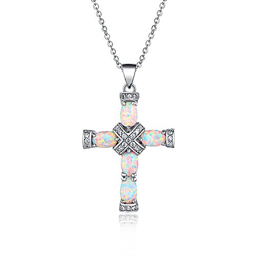 

rose gold & white gold plated fire created opal cross pendant (white gold)