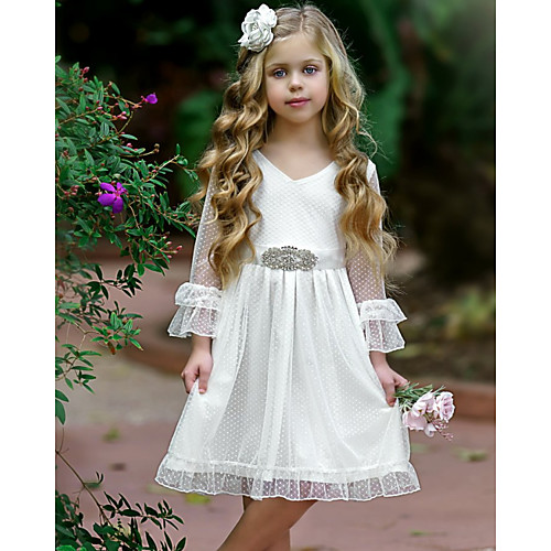 

Princess / A-Line Knee Length Party / Wedding Flower Girl Dresses - Tulle Long Sleeve Jewel Neck with Solid