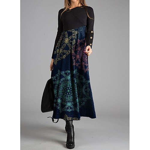 

Women's Swing Dress Maxi long Dress Black Blue Long Sleeve Print Print Fall Elegant 2021 S M L XL XXL 3XL