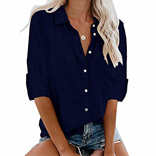

women's cuffed long sleeve shirt lightweight button up work blouses (s, navy blue)