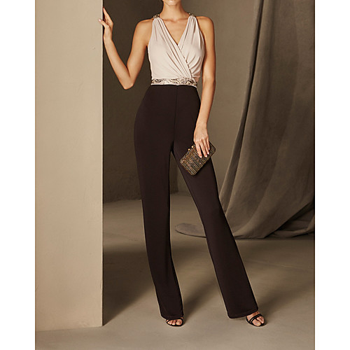 

Jumpsuits Minimalist Elegant Wedding Guest Formal Evening Dress V Neck Sleeveless Floor Length Chiffon with Sleek Beading 2021