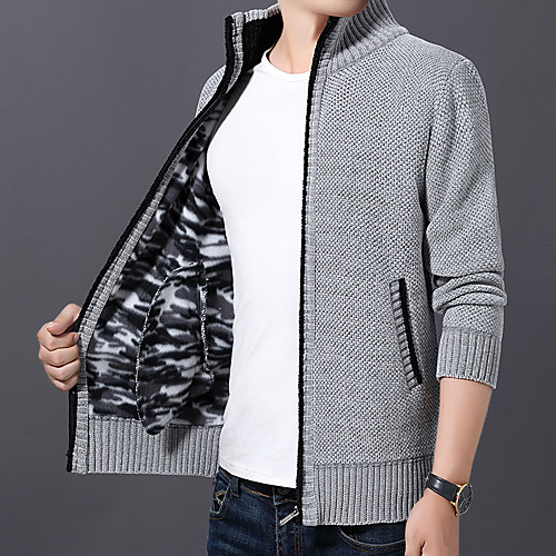 

Men's Wedding Zipper Front Fur Trim Braided Geometric Camouflage Cardigan Poncho Sweater Long Sleeve Sweater Cardigans Stand Collar Winter Black Blue Wine