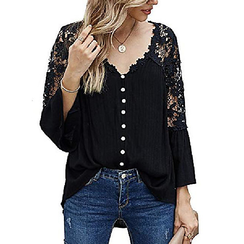 

women's 3/4 sleeve lace shirt casual solid color v neck tops blouse(m,gray)