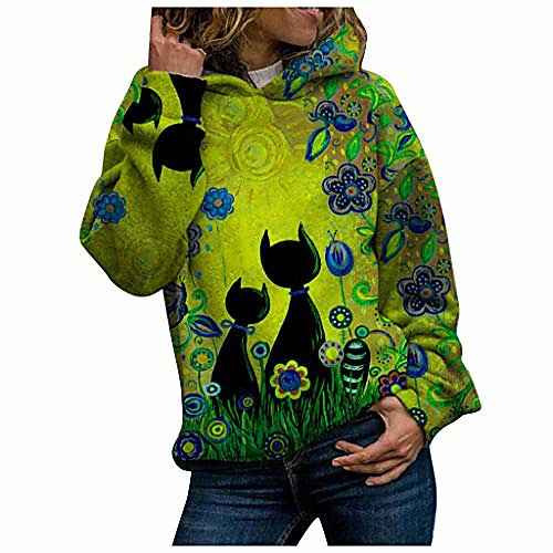 

cat print casual pullover shirts for women hoodie sweatshirts yellow 5xl