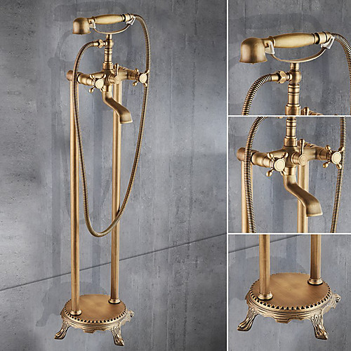 

Floor Standing Bathtub Faucet,Brass Two Handles Two Holes Retro Bath Shower Mixer Taps Include Handshower and Drian with Hot and Cold Water