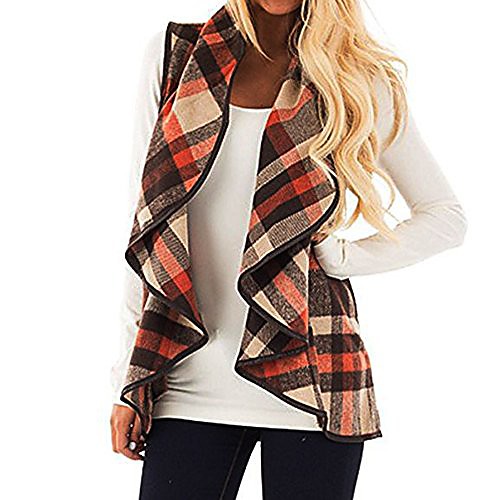 

women plaid print cashmere ruffles cardigan sleeveless coat vest (khaki,l)