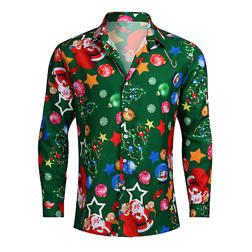 

Men's Graphic Shirt Print Long Sleeve Christmas Tops Streetwear Button Down Collar Green