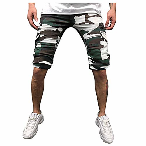 

mens casual camouflage elastic waist multi pockets cargo shorts drawstring slim fit beach trunks hiking pants