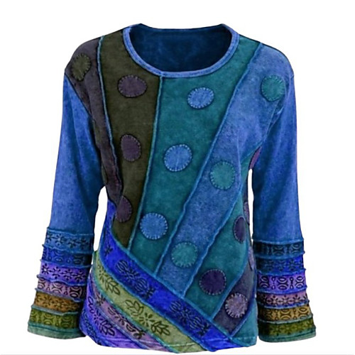 

Women's Plus Size Tunic Color Block Long Sleeve Patchwork Print Round Neck Tops Basic Basic Top Blue Purple Blushing Pink