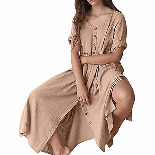 

plus size fashion womens cotton and linen round-neck solid color button cardigan leisure dress beige