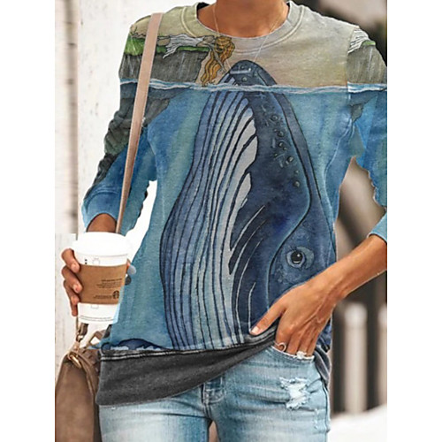 

Women's Tunic Animal Long Sleeve Print Round Neck Tops Basic Top Blue