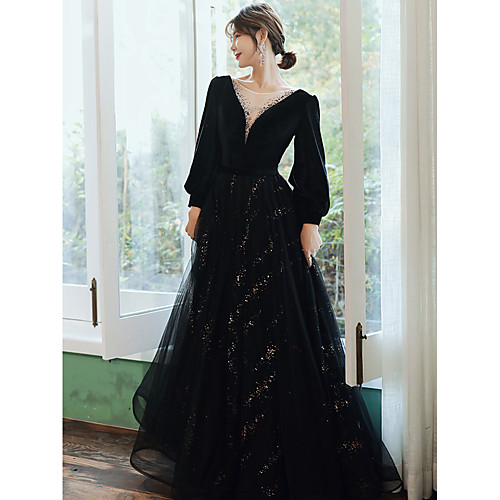 

A-Line Sparkle Elegant Prom Formal Evening Dress V Neck Long Sleeve Floor Length Lace Satin Tulle with Crystals Sequin 2021