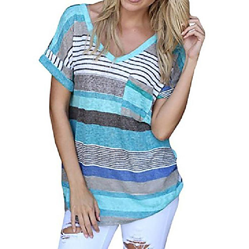 

women's v-neck striped casual short sleeve t-shirt blouse tees tops blue xl