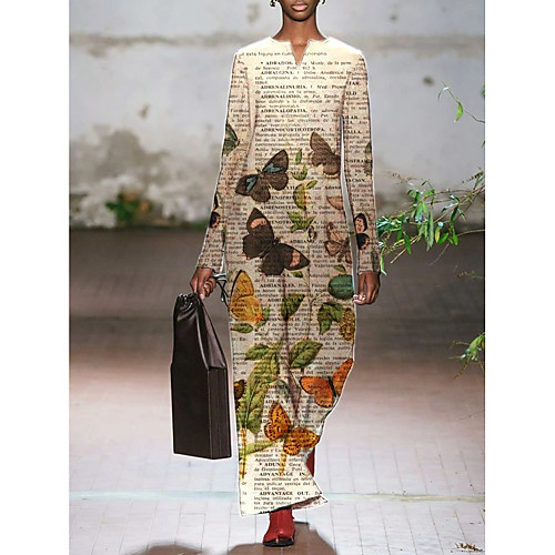 

Women's Shift Dress Maxi long Dress Beige Long Sleeve Floral Print Fall Winter Round Neck Casual Cotton 2021 L XL XXL 3XL 4XL 5XL