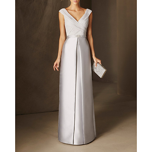 

Sheath / Column Minimalist Elegant Wedding Guest Formal Evening Dress V Neck Sleeveless Floor Length Chiffon Satin with Beading 2021