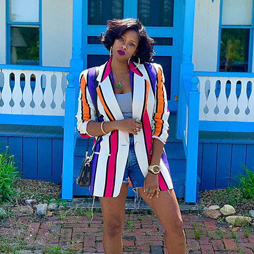

Women's Color Block Active Fall Notch lapel collar Jacket Regular Holiday Long Sleeve Acrylic Coat Tops Rainbow