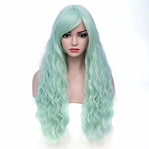 

28 women's long curly wavy wig blue ombre synthetic natural full hair wigs halloween cosplay party daily wig heat resistant (fluorescent green)