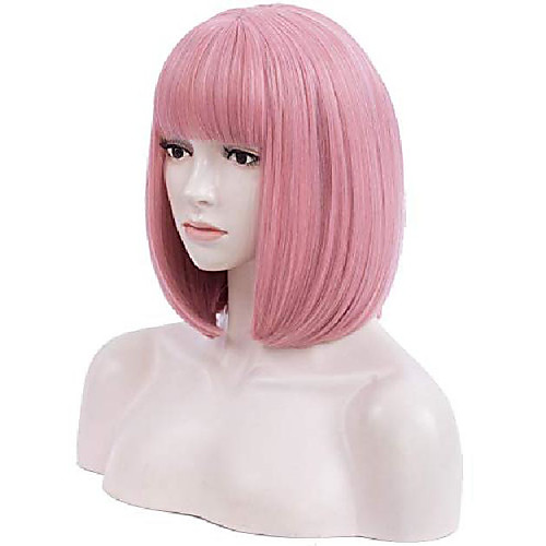 

short bob wigs for women, natural looking heat resistant straight wigs with bangs for girls ladies cosplay party daily wear premium durable (12 inch, pink)
