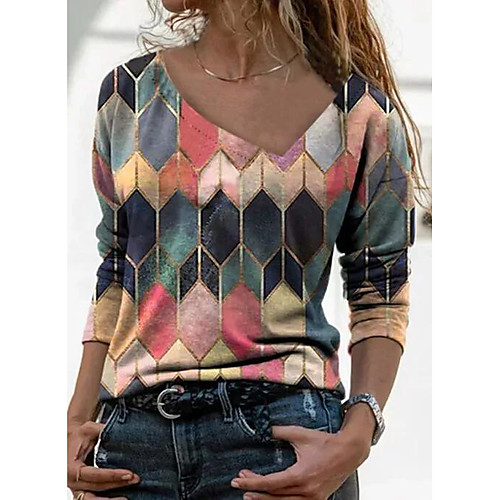 

Women's Blouse Gem Long Sleeve Print Boat Neck Tops Cotton Basic Top Red