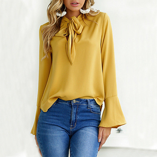 

Women's Blouse Shirt Plain Long Sleeve Round Neck Tops Basic Basic Top Black Yellow Blushing Pink
