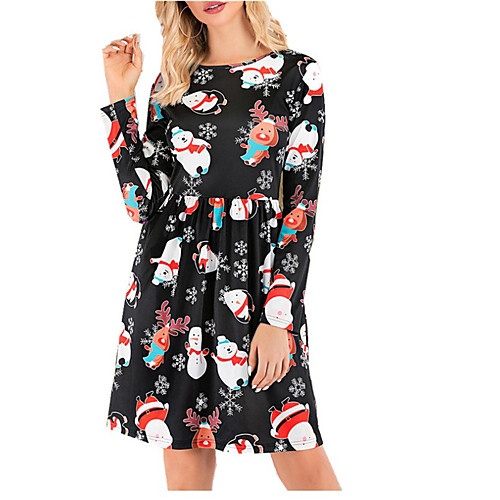 

Women's A Line Dress Knee Length Dress Black Red Green Long Sleeve Print Patchwork Print Fall Round Neck Elegant Christmas 2021 S M L XL XXL