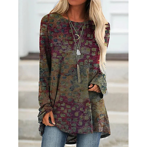 

Women's T shirt Dress Tunic T shirt Camouflage Tie Dye Long Sleeve Patchwork Print Round Neck Tops Chinoiserie Basic Top Blue Purple Blushing Pink