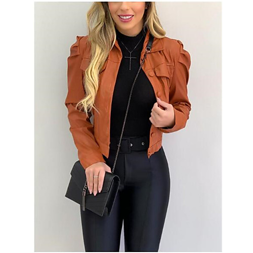 

Women's Solid Colored Spring & Fall Faux Leather Jacket Short Going out Long Sleeve Faux Leather Coat Tops Black