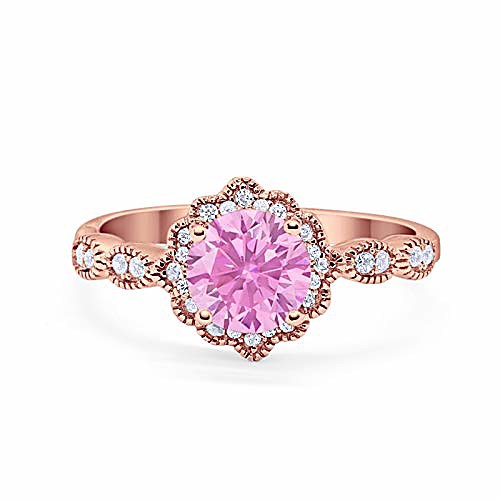 

halo floral art deco wedding engagement ring round rose tone, simulated pink morganite cubic zirconia 925 sterling silver size-11