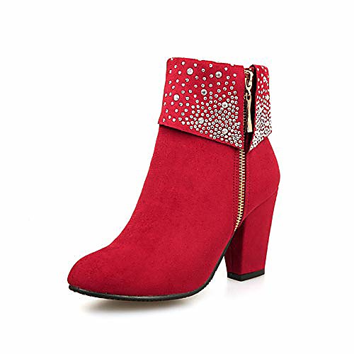 

women's glitter zipper chunky block heel pointed toe ankle boots ladies short boots red