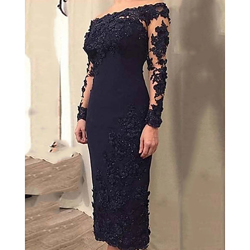

Sheath / Column Mother of the Bride Dress Elegant Off Shoulder Ankle Length Lace Satin Long Sleeve with Appliques 2021