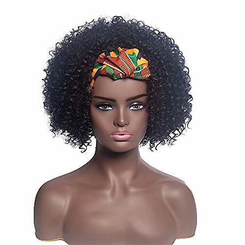 

divinehair short afro kinky curly wig for women high puff afro ponytail drawstring black wig with bangs wrap wigs 2 in 1 afro headwrap wig with headband attached colored turban wig (colorful turban)