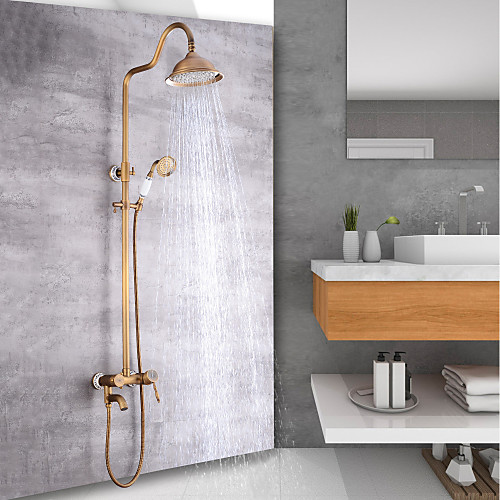 

Shower System Set - Handshower Included pullout Waterfall Vintage Style / Country Antique Brass Mount Outside Ceramic Valve Bath Shower Mixer Taps