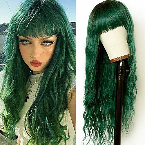 

vvan long wavy hair green body wave wig with bangs dark roots green wig synthetic loose curly wigs full machine wig cosplay party hair wigs for fashion women(24 inches green hair)