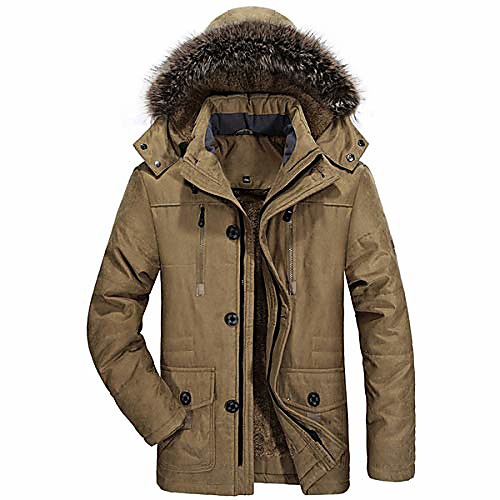 

mens winter puffer jacket winter coat winter parka thickened hooded with removable faux fur trim khaki