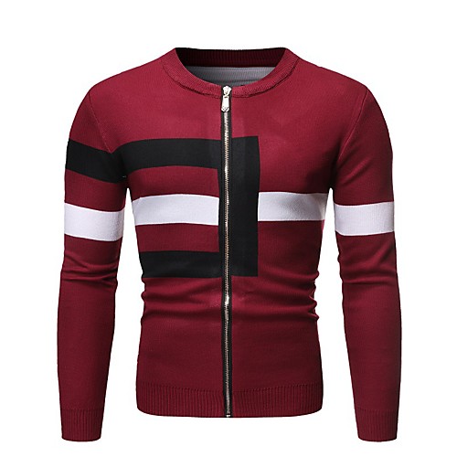 

Men's Knitted Striped Pullover Long Sleeve Sweater Cardigans Crew Neck Fall Winter Black Wine Gray