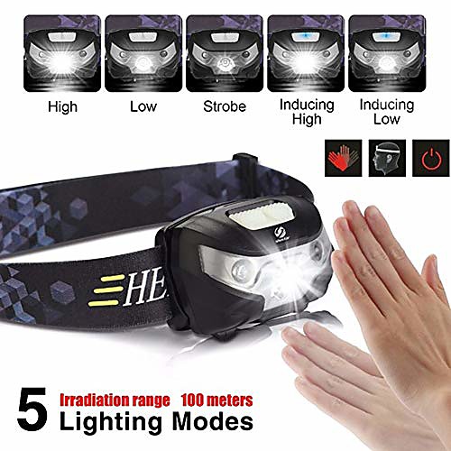 

led headlamp mini usb rechargeable led headlamp ir induction headlight camping fishing light perfect for runners, lightweight, waterproof, adjustable headband black