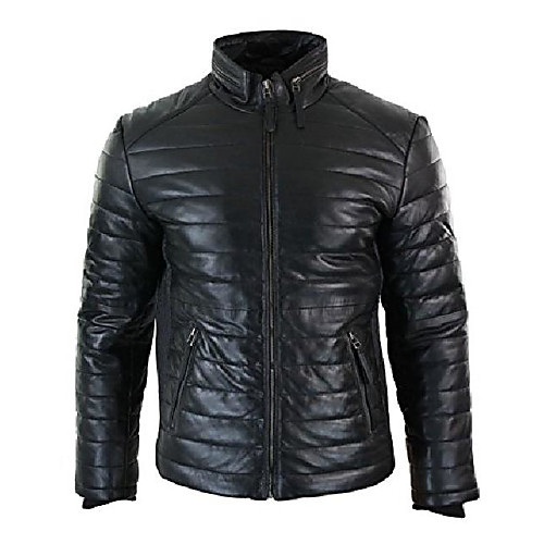 

mens real leather genuine quilted puffer zipped jacket brown black casual