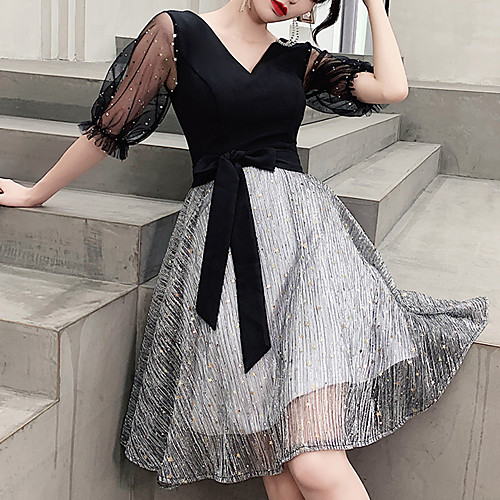 

A-Line Glittering Minimalist Homecoming Cocktail Party Dress V Neck Half Sleeve Short / Mini Spandex with Sash / Ribbon Sequin 2021