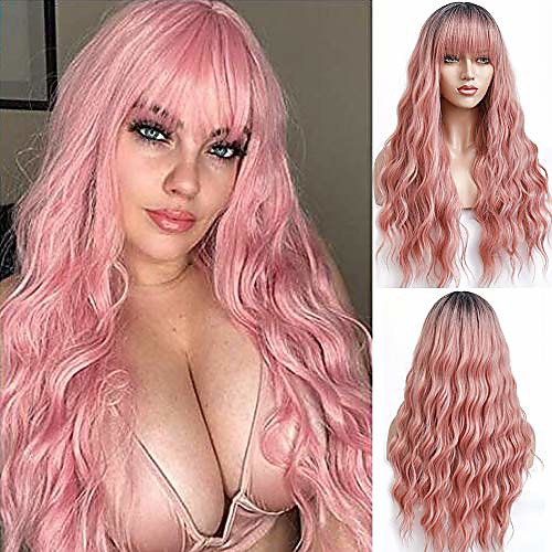 

pink wig with bangs dark roots ombre pink natural loose wave wig glueless long wavy synthetic wig for women elastic straps, comfortable & adjustable 2 tone heat resistant 24 inches