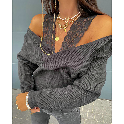 

Women's Blouse Camisole Plain Long Sleeve Lace Patchwork Halter Neck Tops Basic Basic Top Khaki Dark Gray Beige