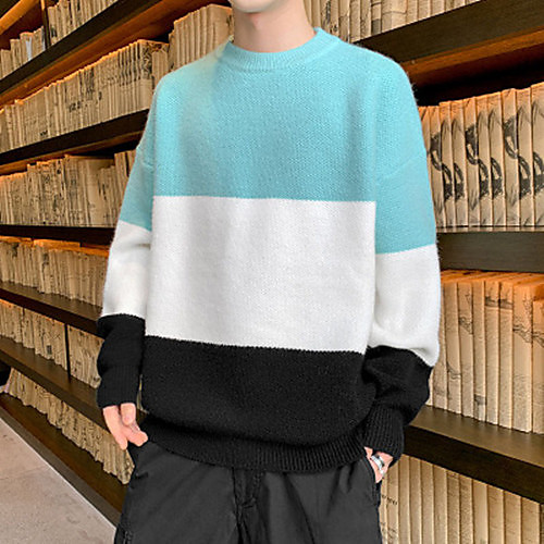 

Men's Stripe Knitted Striped Color Block Pullover Acrylic Fibers Long Sleeve Sweater Cardigans Crew Neck Fall Winter Blue Yellow Green