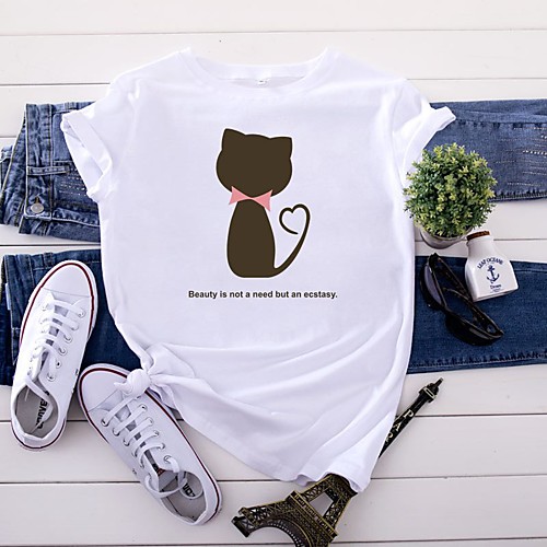 

Women's T-shirt Cat Letter Print Round Neck Tops 100% Cotton Basic Basic Top White Yellow Blushing Pink