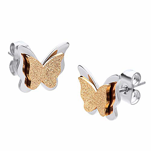 

stainless steel small 3d double butterfly stud earrings for girls & women, girl earrings, butterflies earrings, small butterfly earrings for girls, silver & rose gold