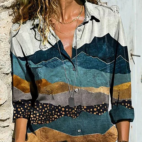 

Women's Blouse Shirt Scenery Long Sleeve Print Round Neck Tops Basic Top Rainbow